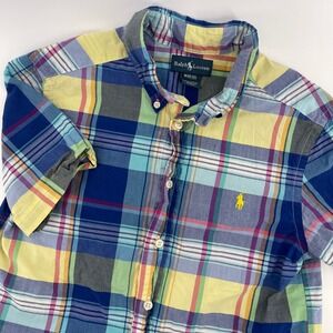 Ralph Lauren Kids Plaid Button Down Shirt Short Sleeve Yellow Blue Green M 10-12